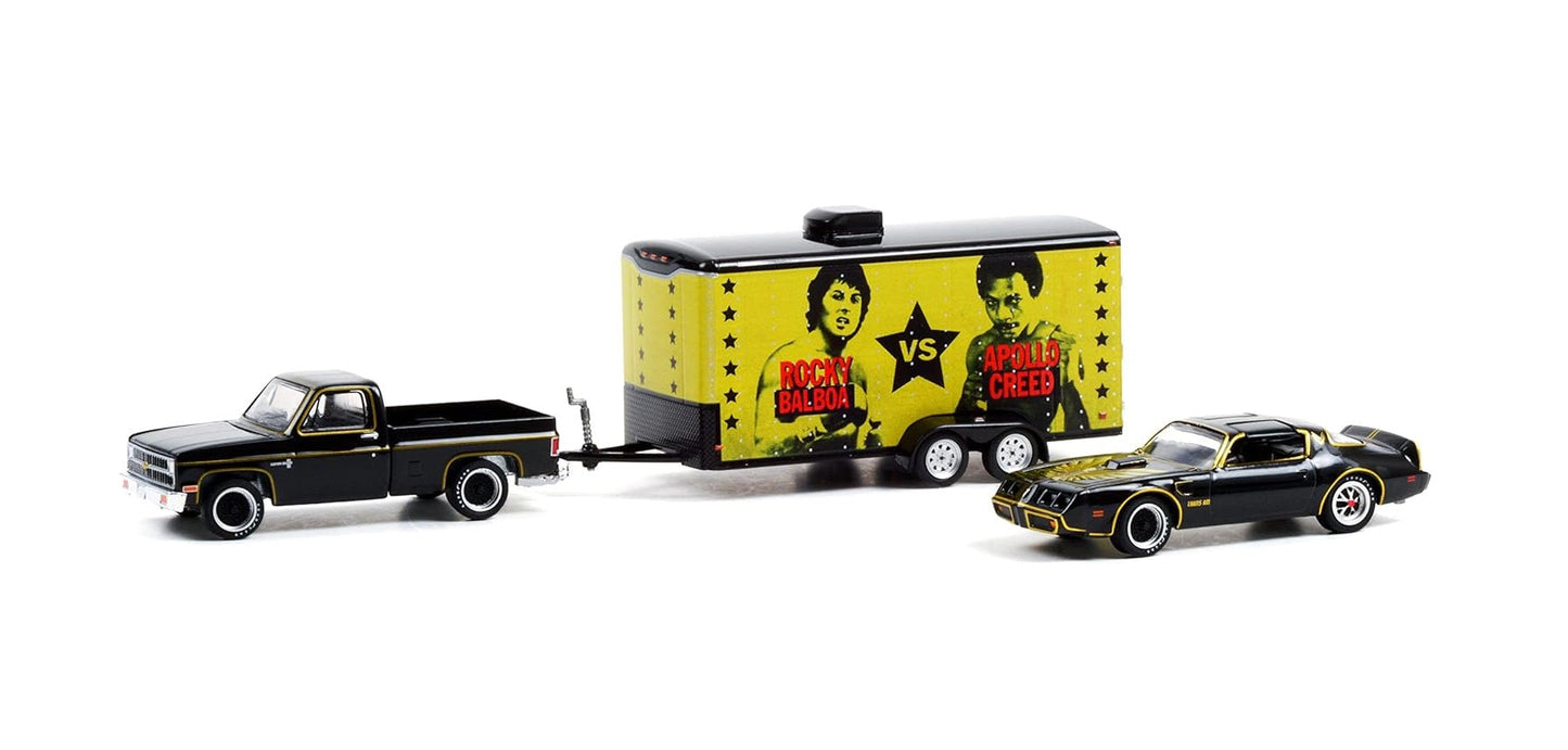 Greenlight - Chevrolet C-10 Custom Deluxe 1981 et Pontiac Firebird Trans Am 1979 dans un camion porte-voitures fermé - Rocky II - Série Hollywood à l'échelle 1/64