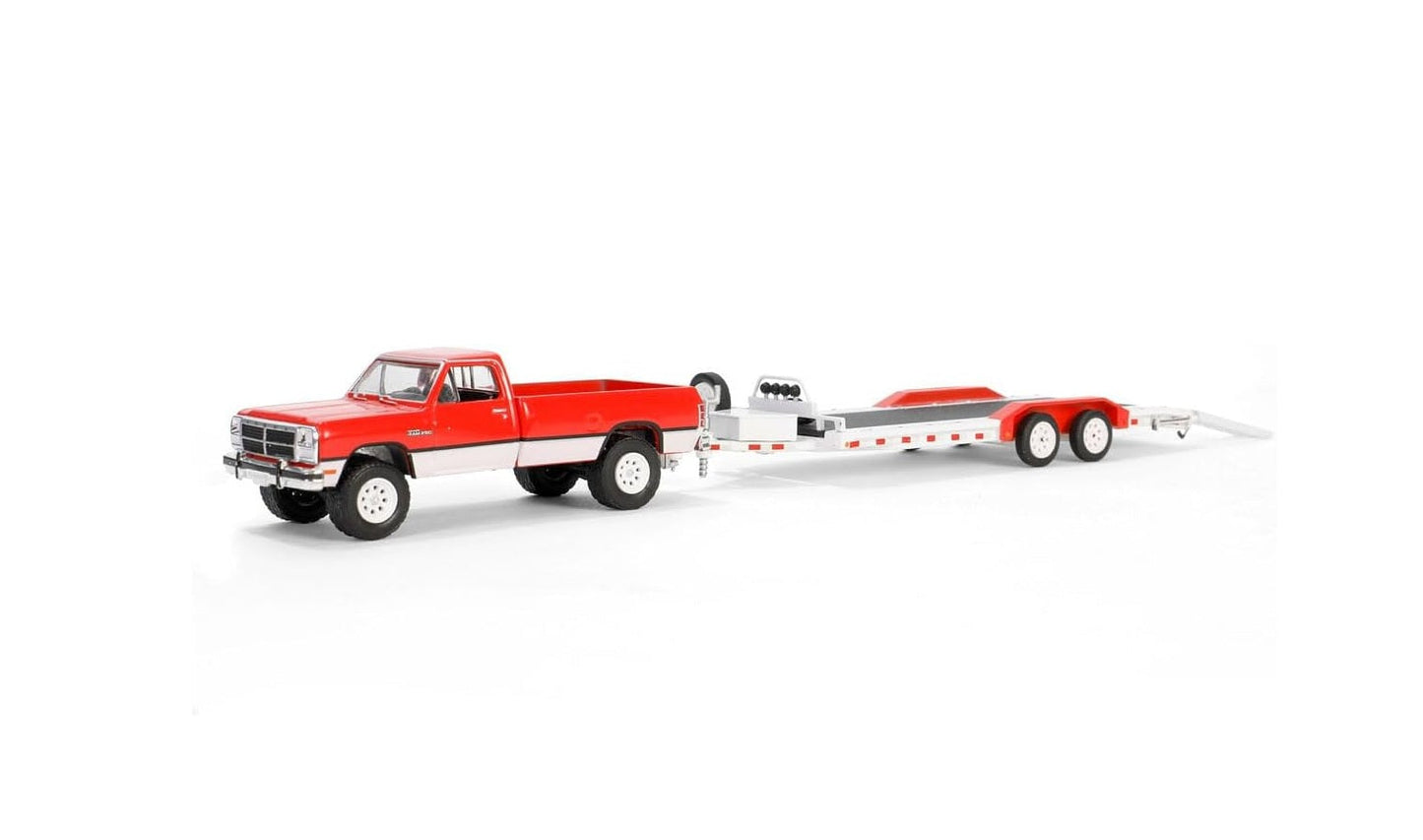 Objets de collection Greenlight - Dodge Ram Power Ram 250 1991 avec remorque robuste - Attelage et remorquage - Échelle 1/64