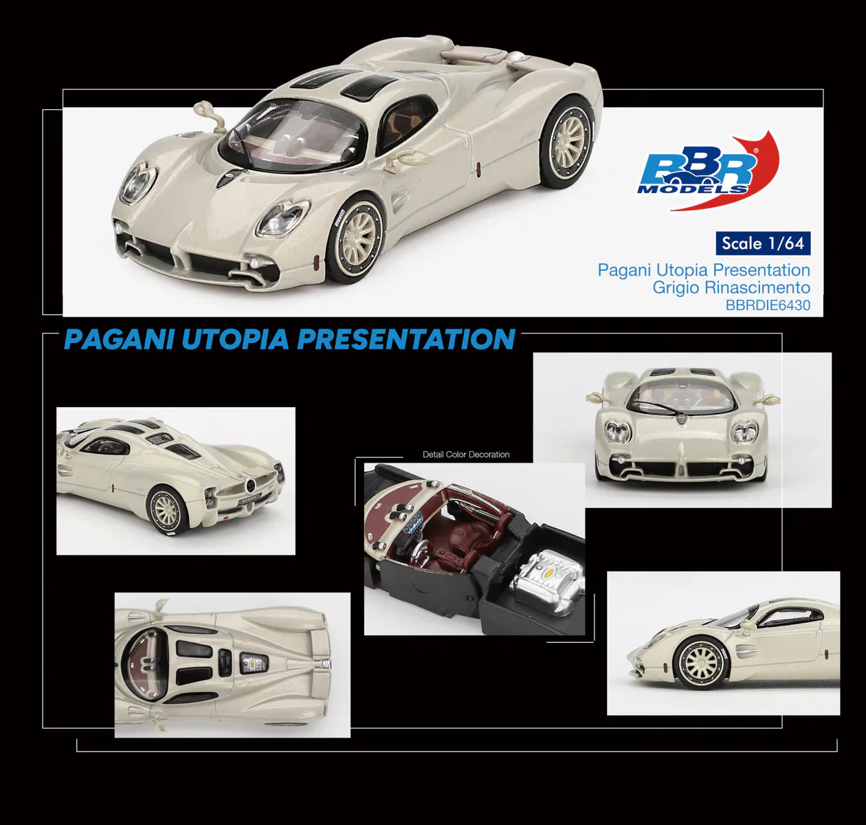 BBR Models - Pagani Utopia Présentation Gris Renaissance - Échelle 1/64 BBRDIE6430