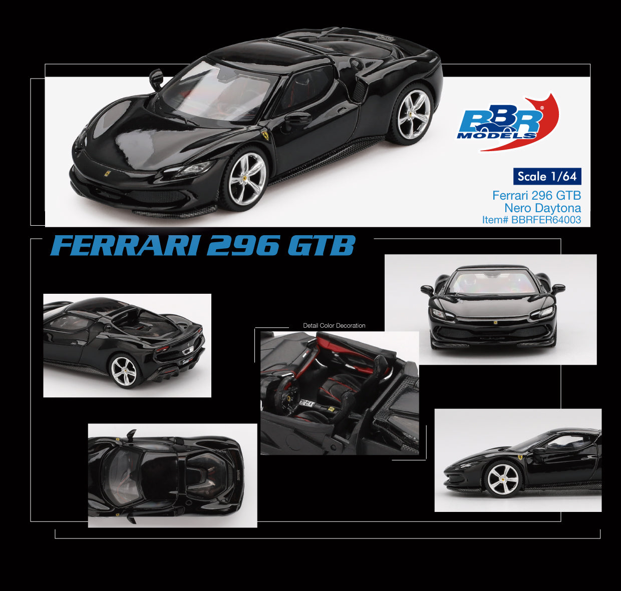 BBR Models - Ferrari 296 GTB Nero Daytona 2024 - Scala 1/64 BBRDIE64003