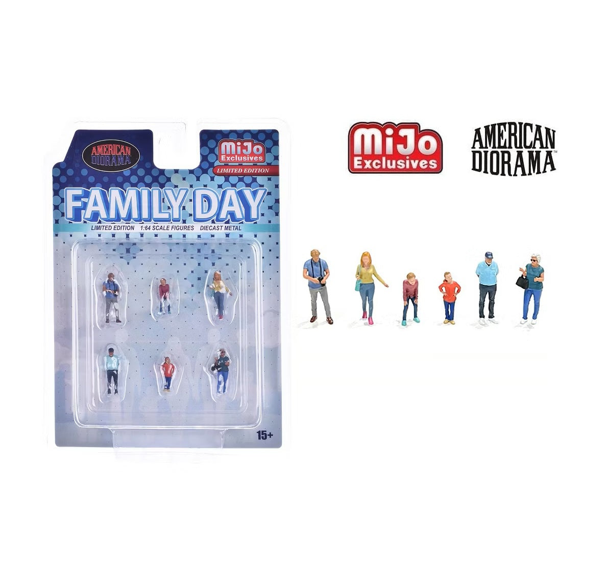 American Diorama - Coffret de 6 figurines moulées sous pression Family Day, voiture non incluse - Exclusivités MiJo - Échelle 1/64 AD-2410MJ
