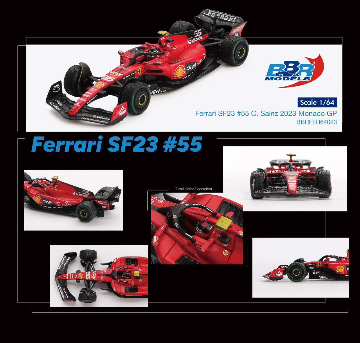 BBR Models - Ferrari SF23 #55 Carlos Sainz Monaco GP 2023 - 1/64 Scale BBRFER64023