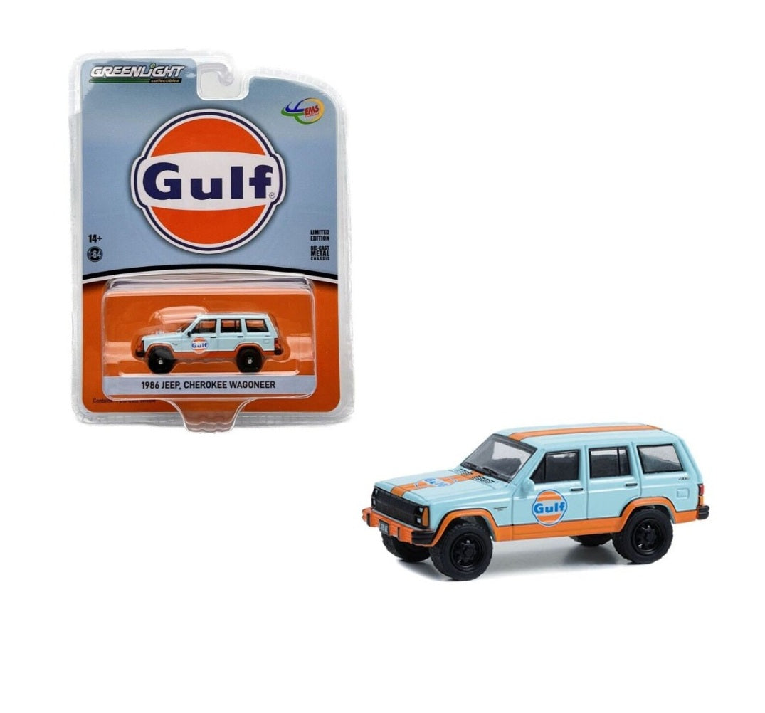 BLISTER DAMAGED - Greenlight Collectibles - 1986 Jeep Cherokee Wagoneer GULF Livery "Gulf Oil" Indonesia Exclusive - Scala 1/64