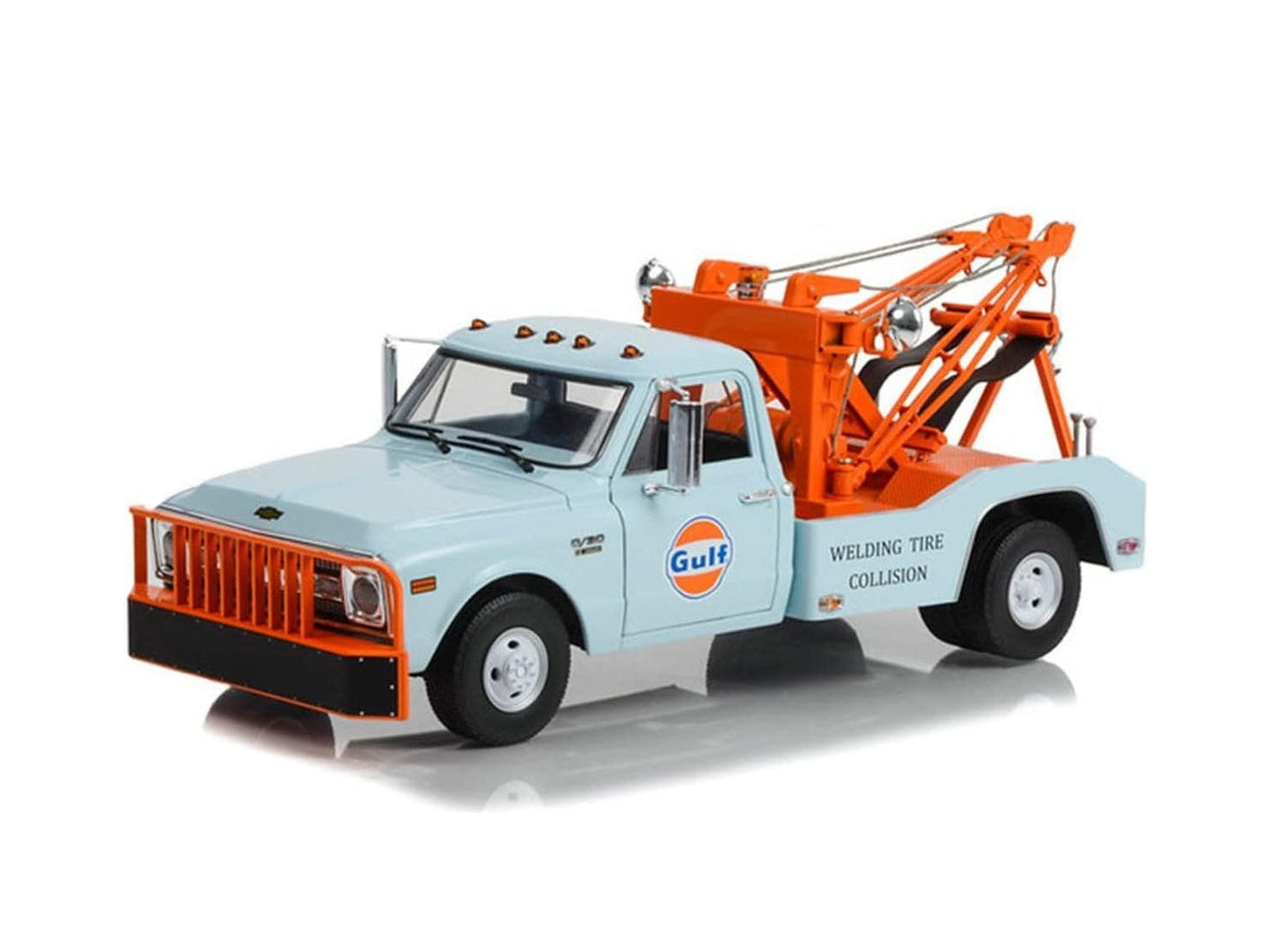 Greenlight Collectibles - Chevrolet C-30 Dually Wrecker 1969 Gulf Oil « Collision de pneus soudés » - Série Hobby Exclusive - Échelle 1/64