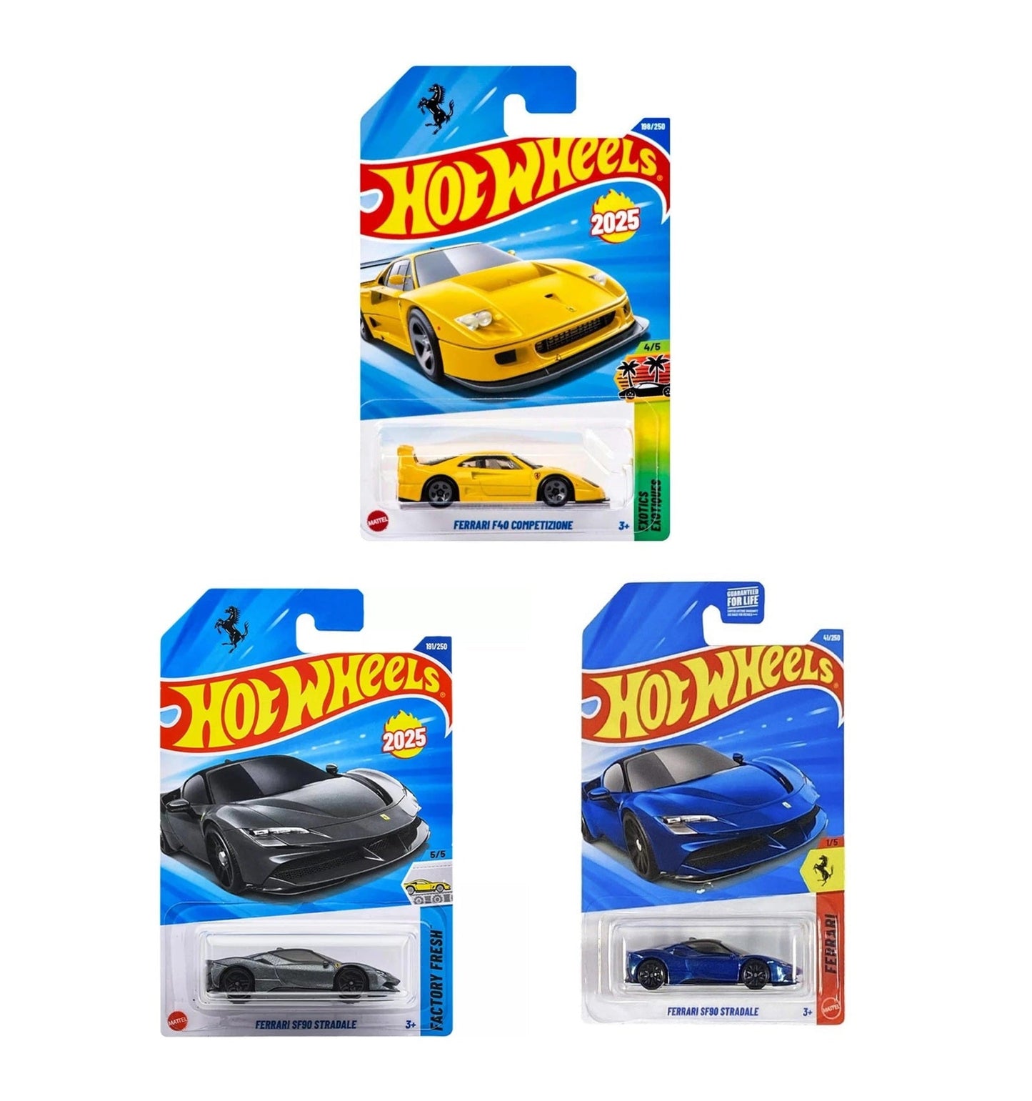 Coffret de 3 modèles Ferrari : Ferrari SF90 Stradale bleue, Ferrari SF90 Stradale grise et Ferrari F40 jaune. Hot Wheels. Échelle approximative : 1/64.