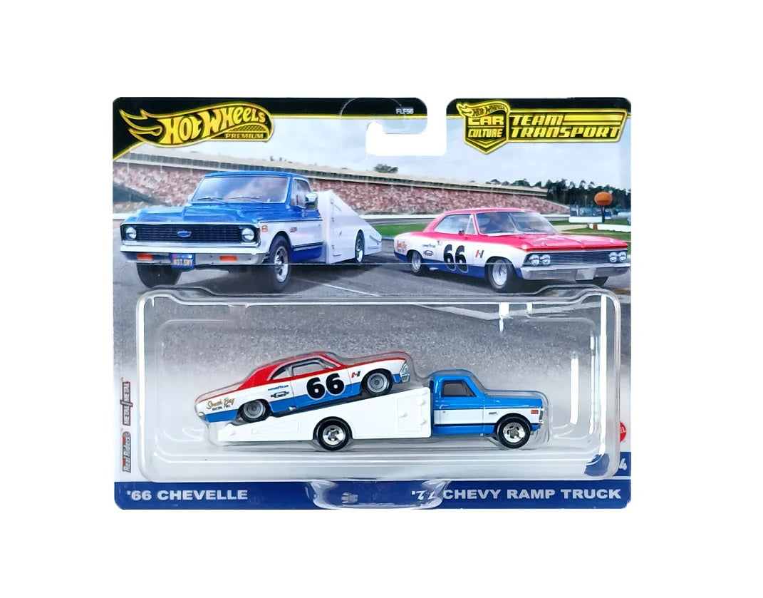 Hot Wheels Premium - Chevelle '66 et Chevy Ramp Truck '72 - Série Car Culture Team Transport - Échelle 1/64