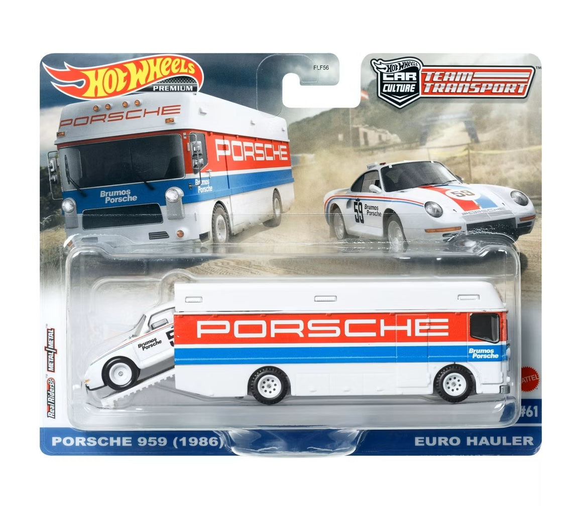 Hot Wheels Premium - Porsche 959 (1986) + Euro Hauler - Series Car Culture Team Transport - Scala 1/64