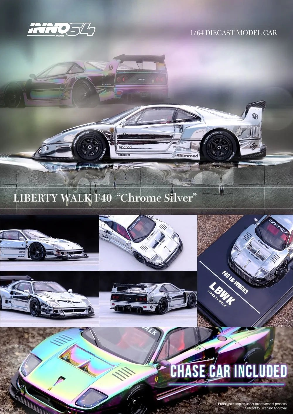 INNO64 - LBWK Ferrari F40 Chrome Silver - Scale 1/64 IN64-LBWKF40