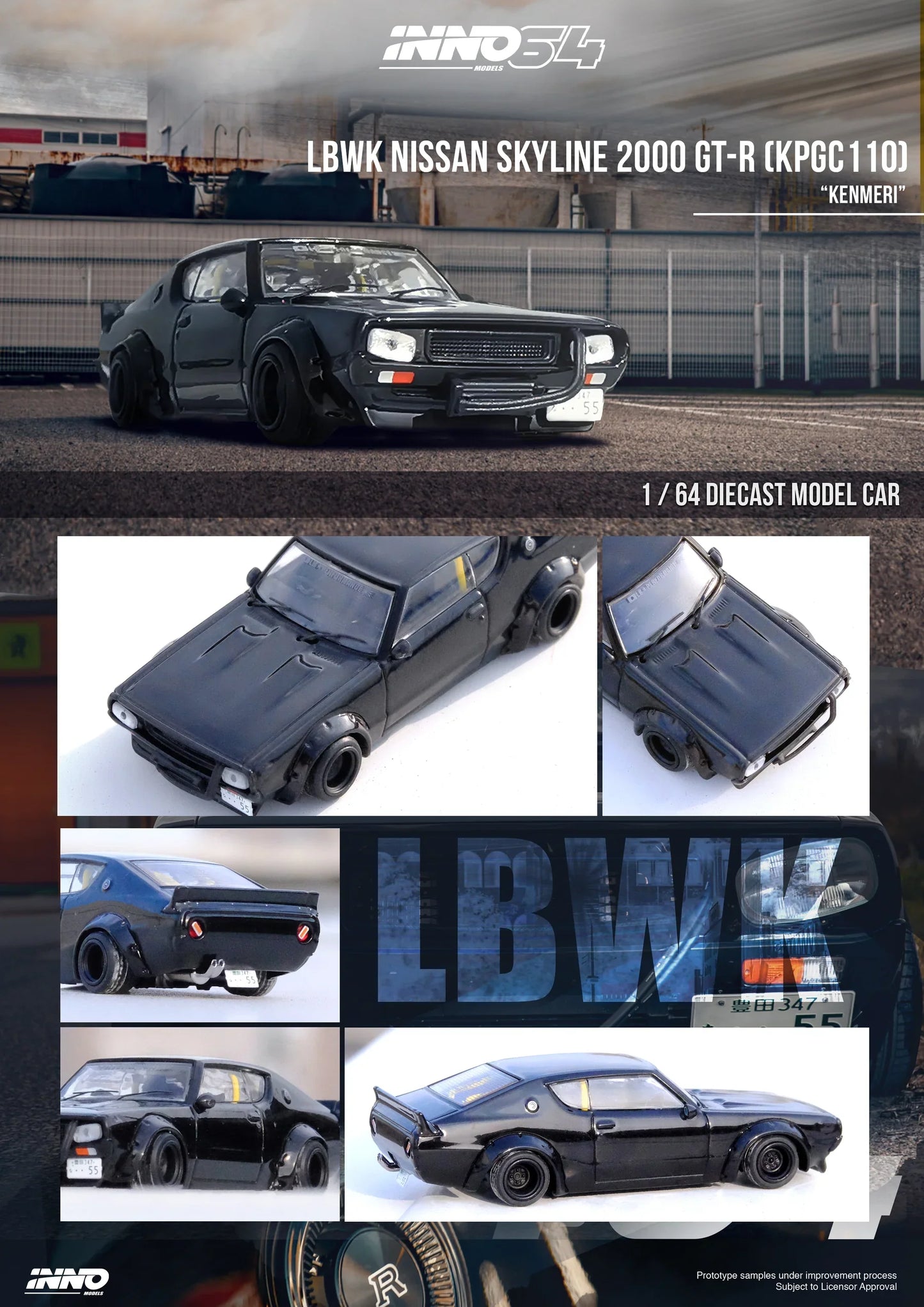 INNO64 - Nissan Skyline 2000 GT-R (KPGC110) LB WORKS "KENMERI" Black - Scale 1/64 IN64-KPGC110LB-BLA
