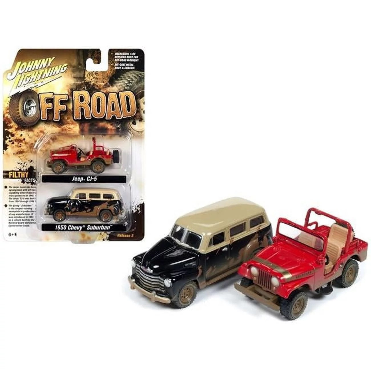 Johnny Lightning - Jeep CJ-5 Renegade Dirty Version Rouge et Chevrolet Suburban 3100 Dirty Version Noir 1950 - Échelle 1/64