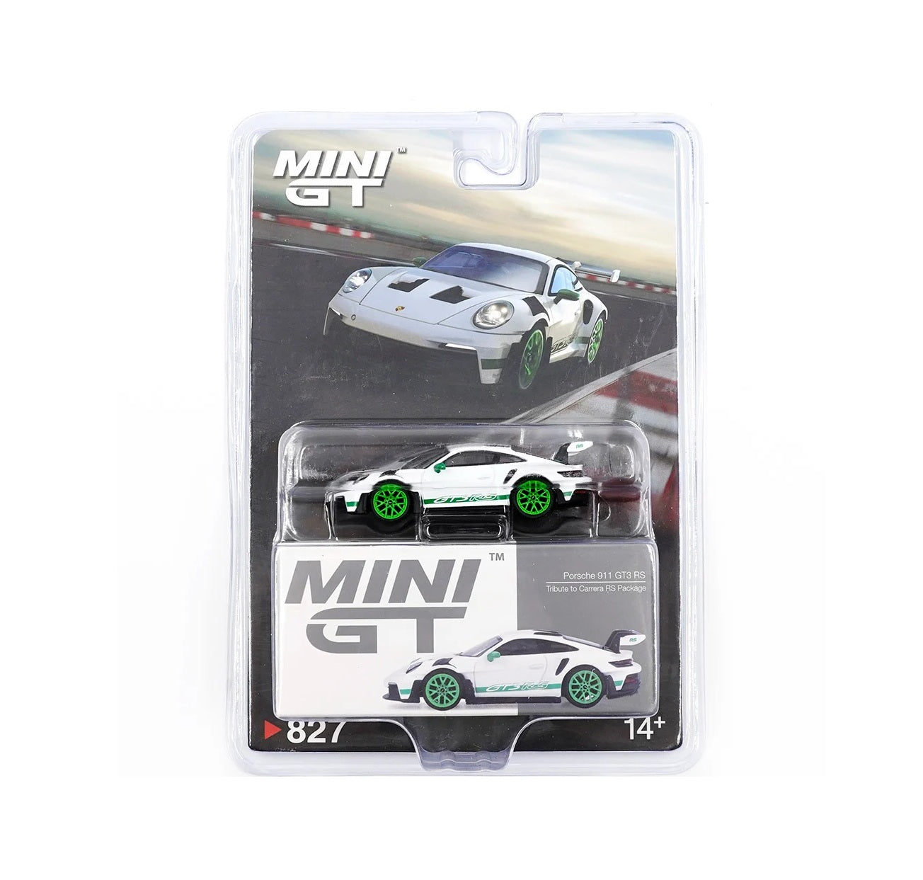 Mini GT - Porsche 911 (992) GT3 RS Tribute to Carrera RS Package - Scala 1/64 MGT00827-BL Blister Packaging