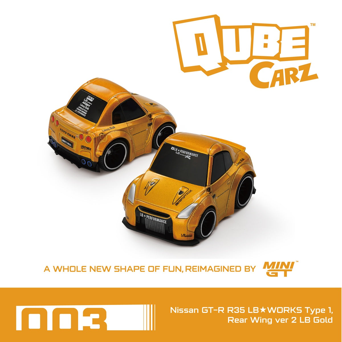 Mini Gt QUBE Carz Series - Nissan GT-R R35 LB★WORKS Type 1 Rear Wing ver 2 LB Gold - QZ00301-BL