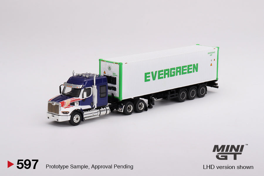 Mini GT - Western Star 49X Bleu avec conteneur frigorifique 40' « EVERGREEN » - Échelle 1/64 MGT00597