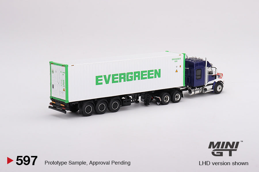 Mini GT - Western Star 49X Bleu avec conteneur frigorifique 40' « EVERGREEN » - Échelle 1/64 MGT00597