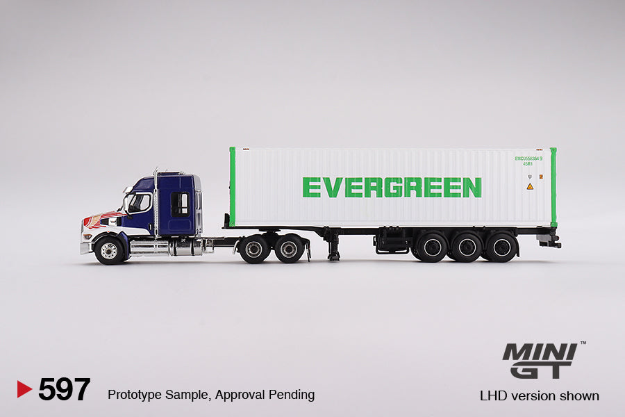 Mini GT - Western Star 49X Bleu avec conteneur frigorifique 40' « EVERGREEN » - Échelle 1/64 MGT00597