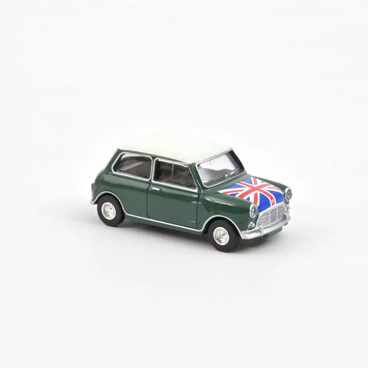 Norev - Mini Cooper S 1964 Vert Amande et Drapeau sur Capot - Échelle 1/64 Environ