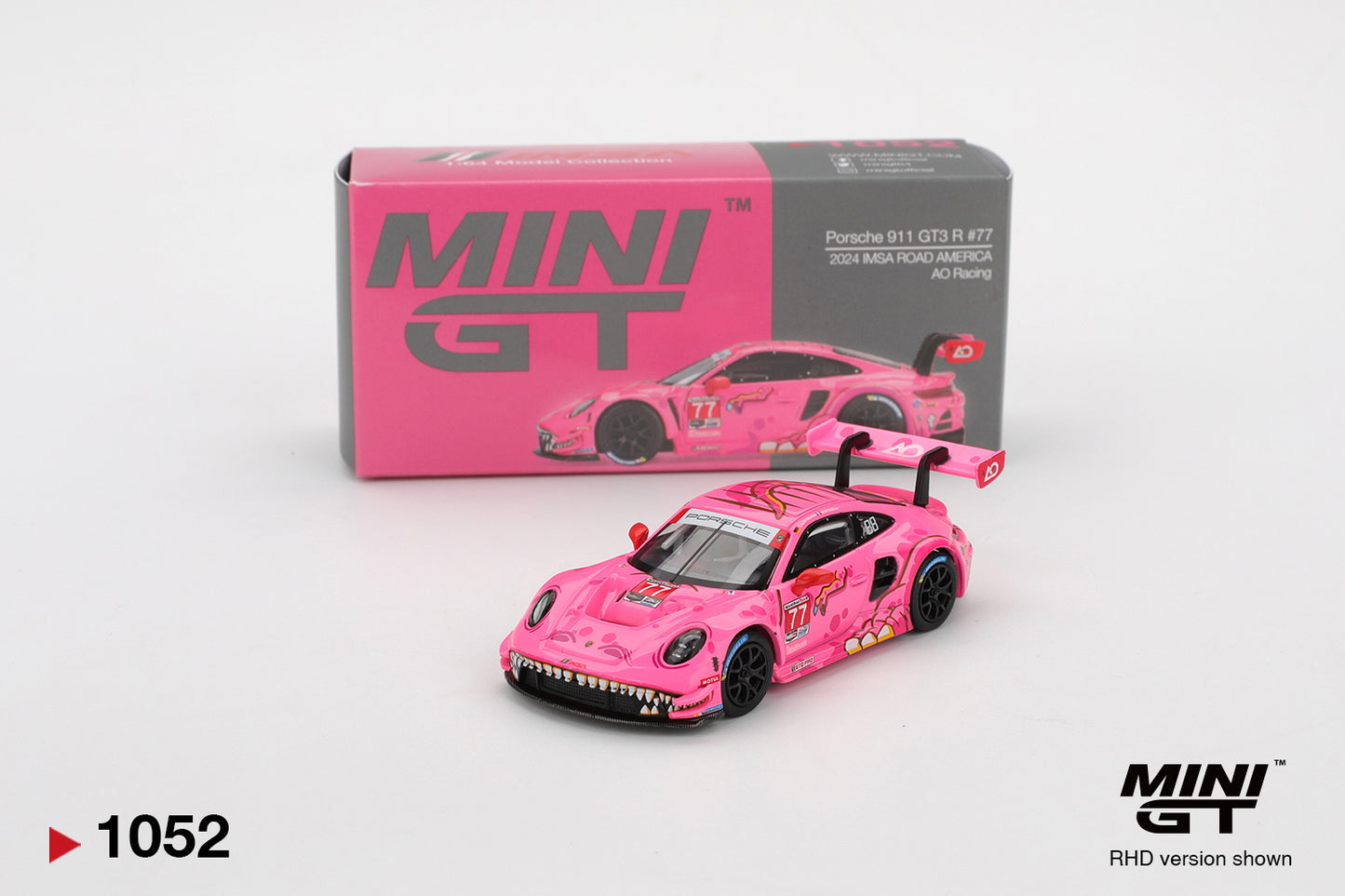 Mini GT - Porsche 911 GT3 R #77 AO Racing 2024 IMSA ROAD AMERICA - Scale 1/64 MGT01052-L