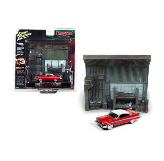 Johnny Lightning - Plymouth Fury rouge de 1958 avec diorama intérieur « Le garage de Darnell » du film « Christine » (1983) - Échelle 1/64 JLDR002