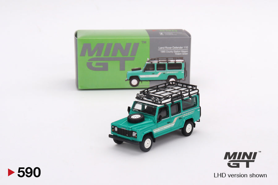 Mini GT - Land Rover Defender 110 1985 County Station Wagon Trident Green - 1/64 Scale MGT00590 R RHD