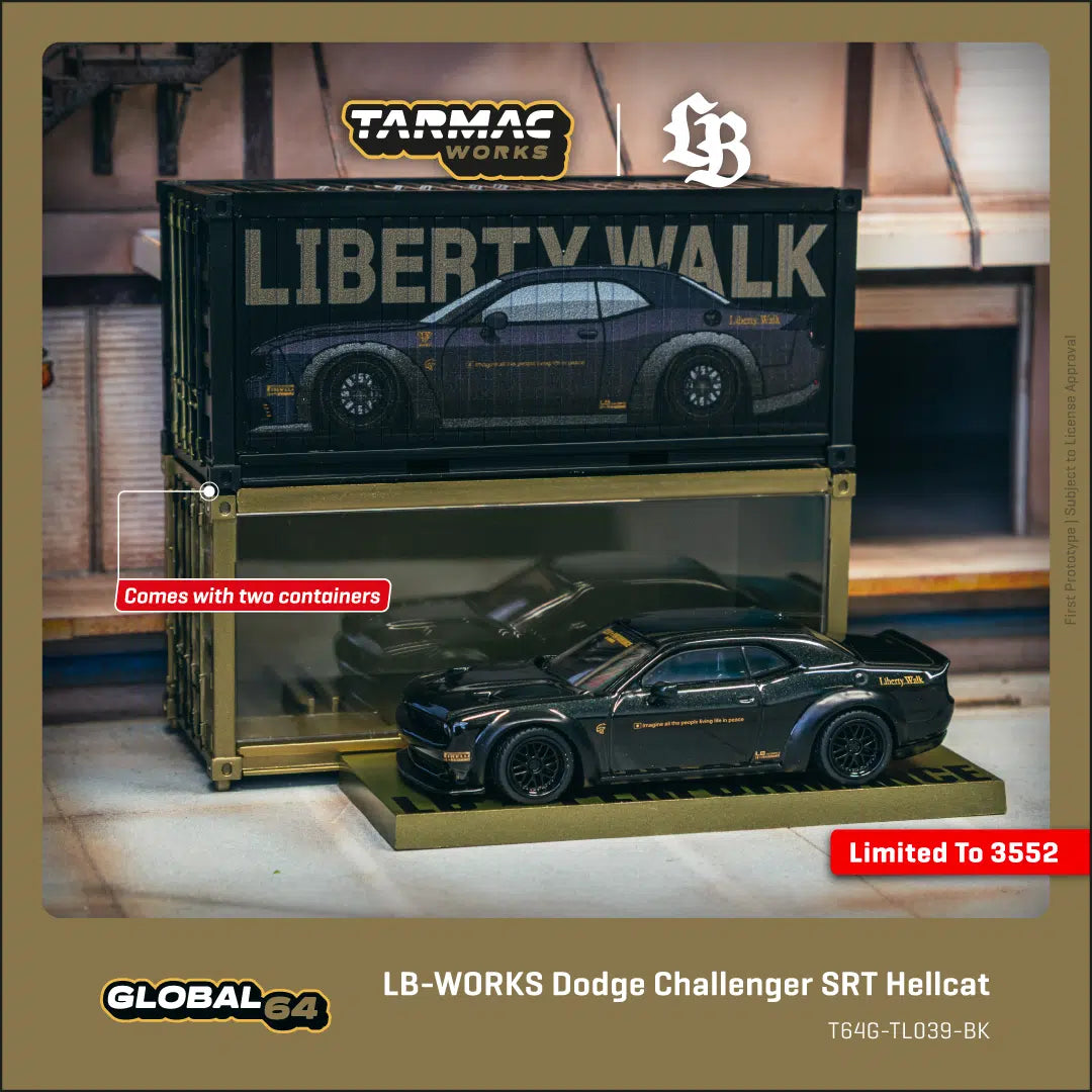 Tarmac Works - LB-WORKS Dodge Challenger SRT Hellcat Black Metallic with 2 containers - GLOBAL64 - Scale 1/64 T64G-TL039-BK