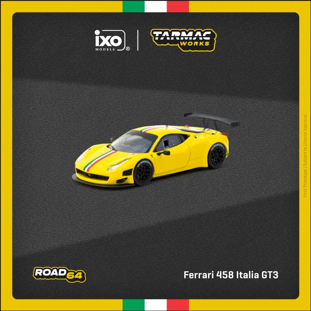 Tarmac Works - Ferrari 458 Italia GT3 Jaune - Works ROAD64 - Échelle 1/64 T64R-073-YL