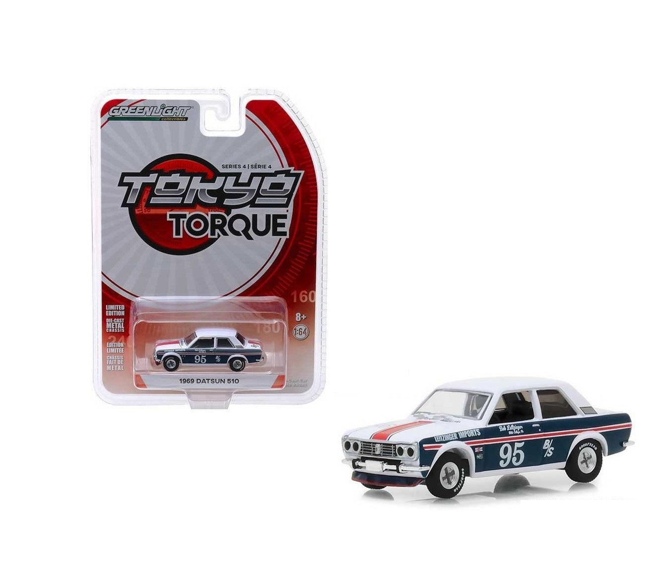 Greenlight - Datsun 510 Tokyo Torque Série 4 Blanche/Bleue de 1969 - Échelle 1/64