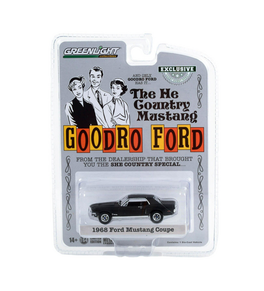Greenlight Collectibles - 1968 Ford Mustang Coupe "He Country Mustang" Matt Black Goodro Ford - Hobby Exclusive - Scale 1/64