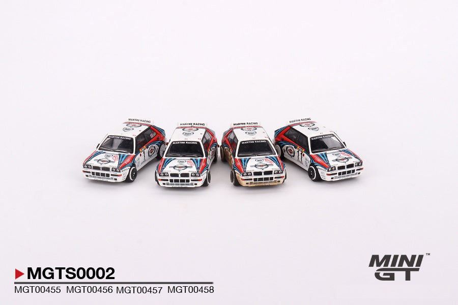 Mini GT - 4 Cars Set Lancia Delta HF Integrale Evoluzione 1992 Rally MonteCarlo Martini Racing - Scala 1/64 MGTS0002