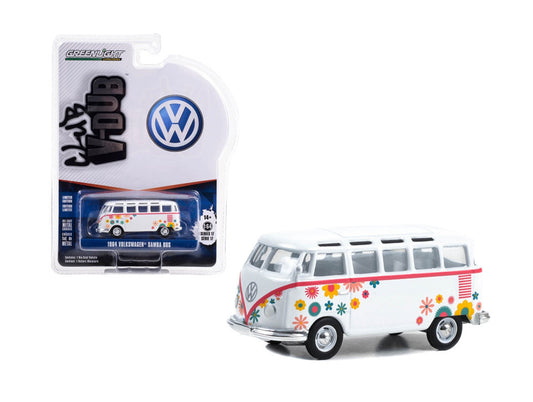 Greenlight - 1964 Volkswagen Type 2 (T1) Samba Bus White with Graphics Flower Power - Club V-Dub - Scale 1/64