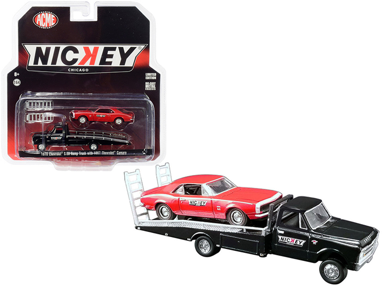1967 Chevrolet C-30 Ramp Truck Black with 1967 Chevrolet Camaro Red "Nickey Performance" - Acme Diecast - Scala 1/64