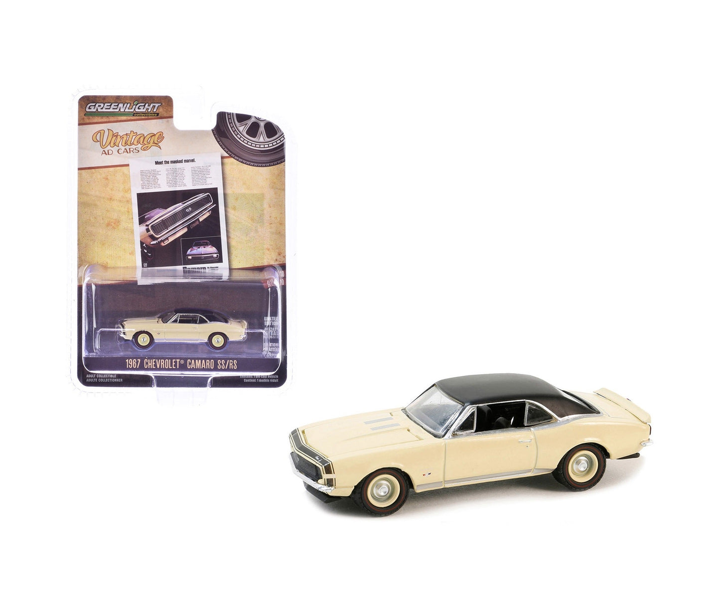 Greenlight - 1967 Chevrolet Camaro SS/RS Cream with Black Vinyl Top Vintage AD Cars - Scale 1/64