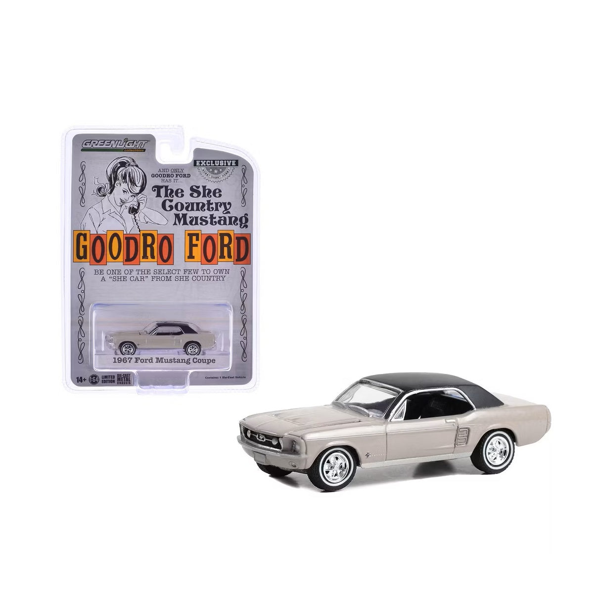 Greenlight Collectibles - 1967 Ford Mustang Coupe "She Country Special" Autumn Smoke Goodro Ford - Hobby Exclusive - Scala 1/64