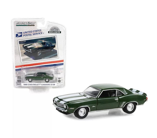Greenlight - 1969 Chevrolet Camaro Z/28 Green Metallic w/White Stripes USPS Hobby Exclusive - Scala 1/64