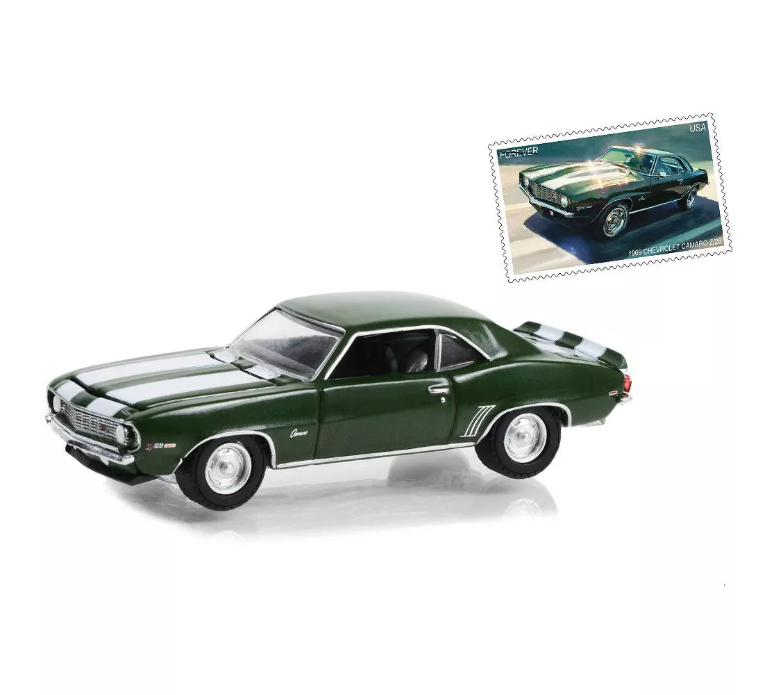 Greenlight - 1969 Chevrolet Camaro Z/28 Green Metallic w/White Stripes USPS Hobby Exclusive - Scale 1/64