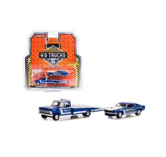 Greenlight Collectibles - 1969 Ford F-350 Ramp Truck Blue "The Going Thing" and 1969 Mustang Blue "Ford Drag Team" - Series HD Trucks - Scale 1/64