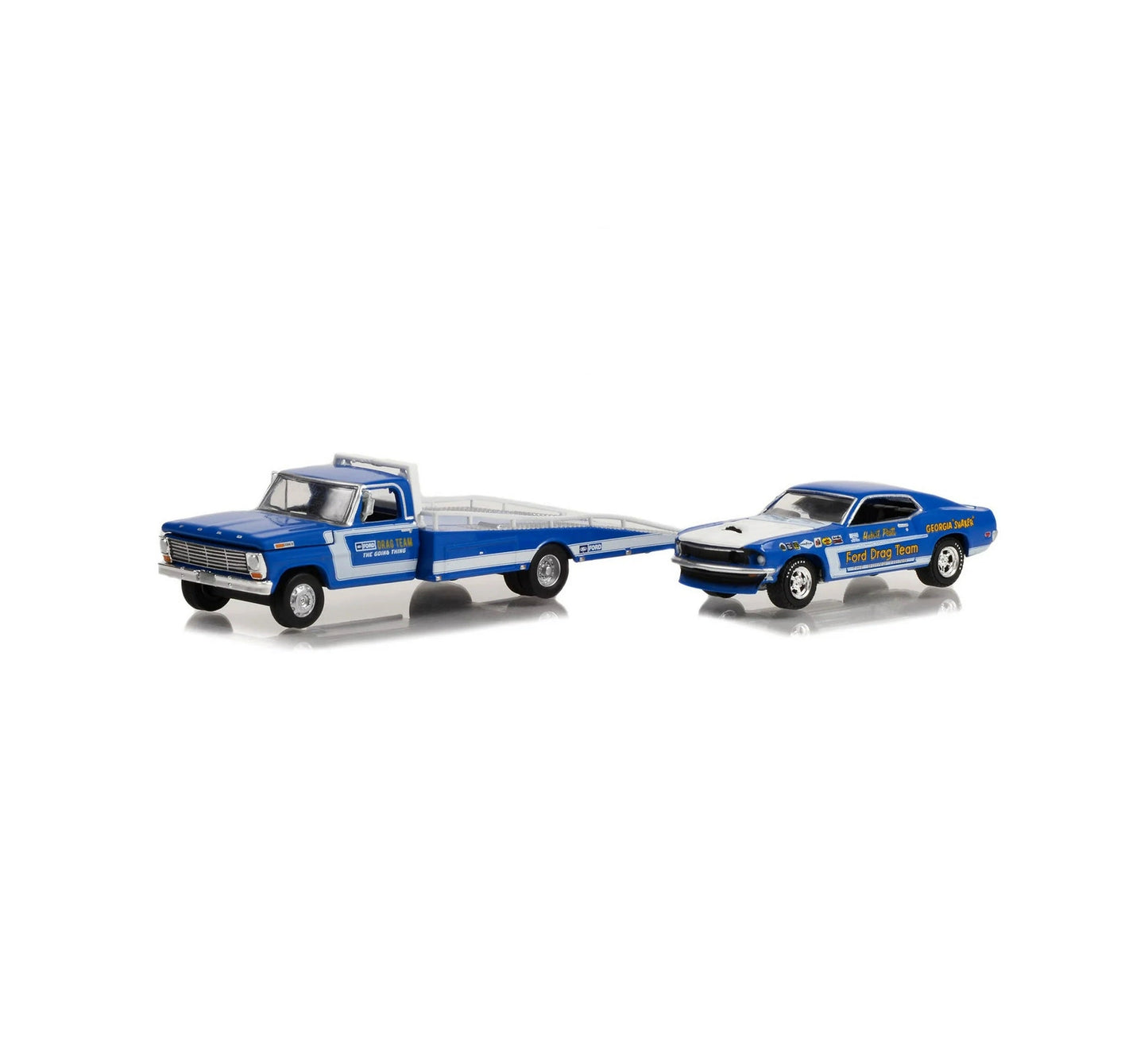 Greenlight Collectibles - 1969 Ford F-350 Ramp Truck Blue "The Going Thing" and 1969 Mustang Blue "Ford Drag Team" - Series HD Trucks - Scale 1/64