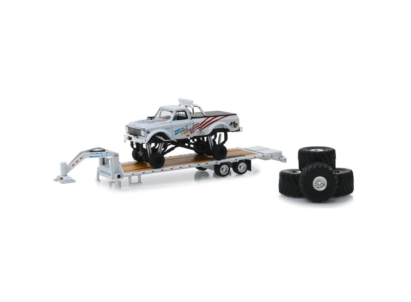 Greenlight Collectibles - 1970 Chevy K-10 "USA-1" Monster Truck on Gooseneck Trailer with Regular and 66" Tires replacement set - 1/64 Scale