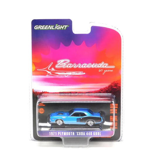 Greenlight Collectibles - 1971 Plymouth 'Cuda 440 6bbl Shaker, B5 Blue 60th Anniversary - Scala 1/64