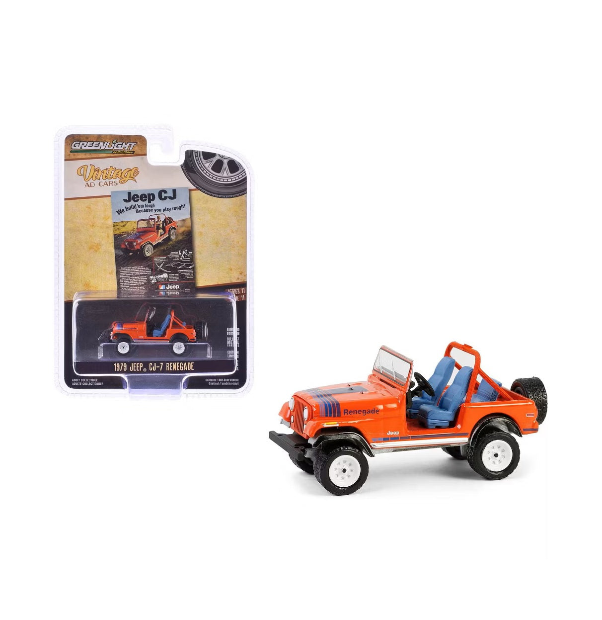 Greenlight Collectibles - 1979 Jeep CJ-7 Renegade Red with Blue Stripes -  Vintage AD Cars - Scala 1/64