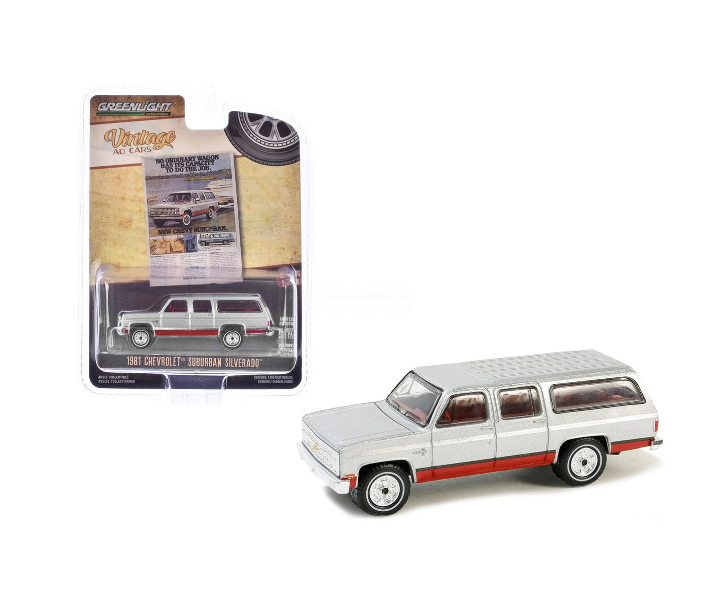 Greenlight - 1981 Chevrolet Suburban Collector's Edition Silver Metallic & Red Vintage AD Cars - Scala 1/64