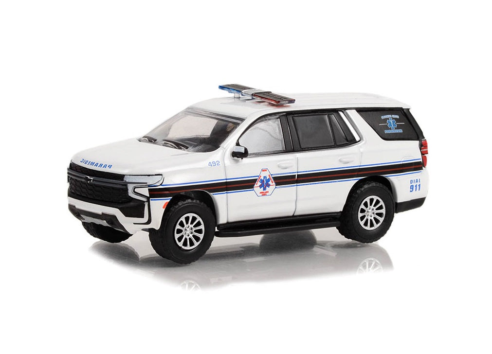 Greenlight - 2021 Chevrolet Tahoe White with Stripes Blooming Grove Volunteer Ambulance Corps Paramedic - Greenlight Series First Responders - 1/64 Scale