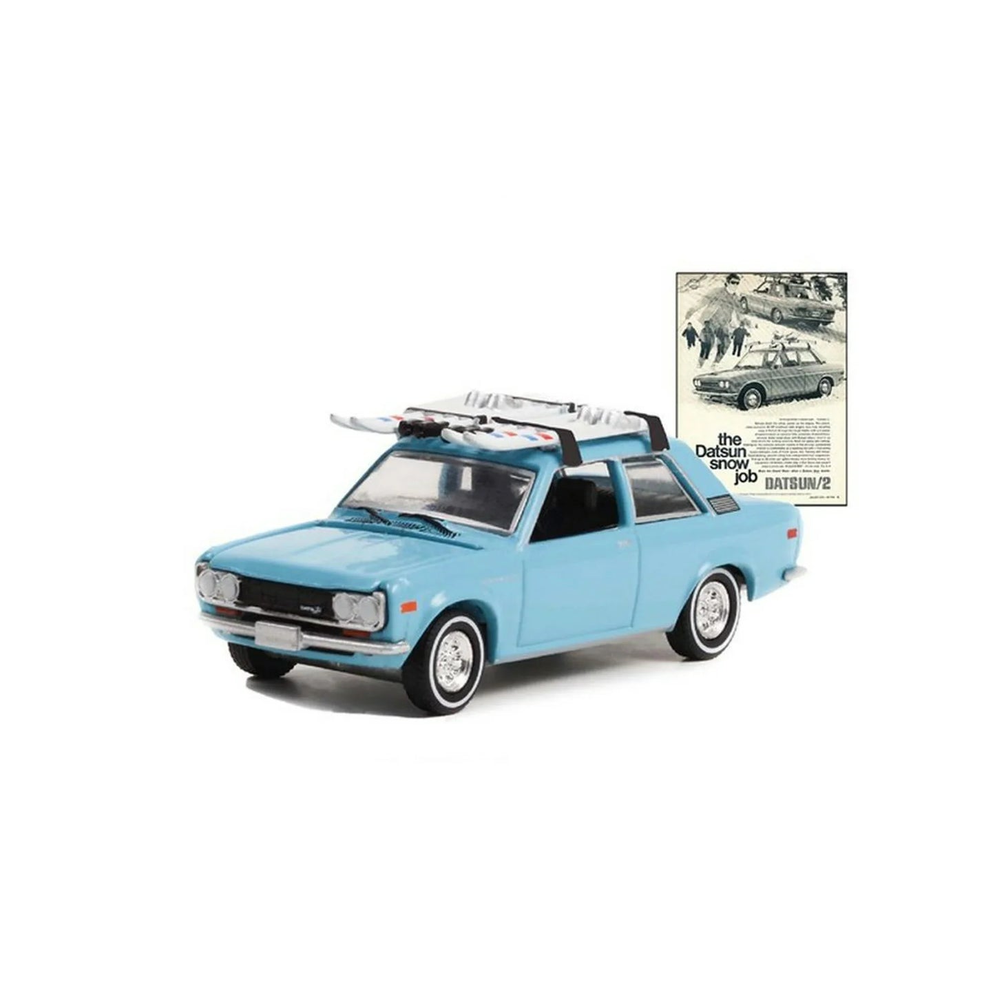 Greenlight - 1970 Datsun 510 Blue with Ski Roof Rack Blue Vintage AD Cars - Scale 1/64