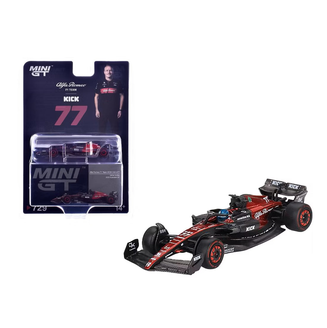 Mini GT - Alfa Romeo C43 #77 Valtteri Bottas 2023 F1 2023 Australian GP - Scala 1/64 MGT00729-MJ Blister Packaging