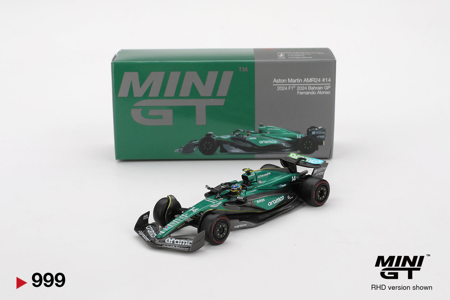 Mini GT - Aston Martin AMR24 #14 Fernando Alonso F1 Bahrain GP 2024 - Scala 1/64 MGT00999-L