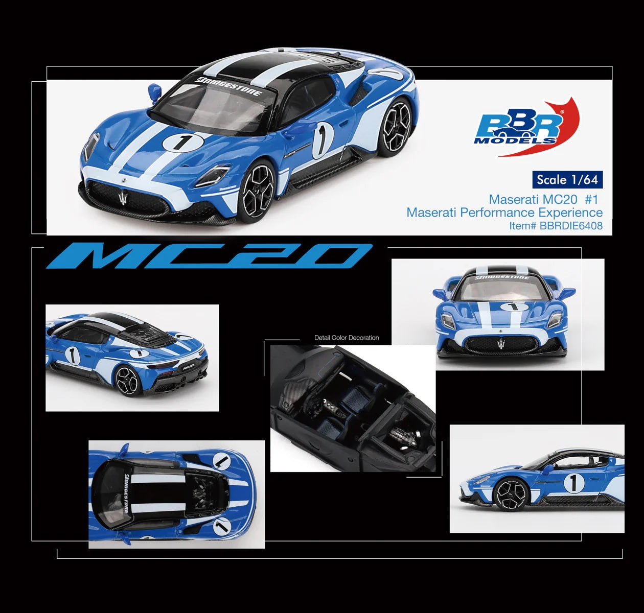 BBR Models - Maserati MC20 #1 Maserati Performance Experience Blue - Scale 1/64 BBRDIE6408