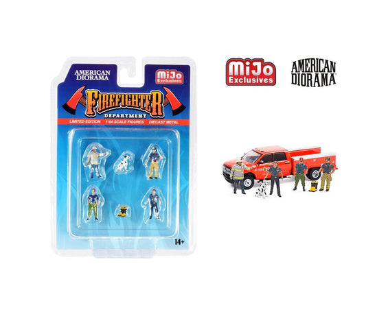 American Diorama - "Firefighter" 6 piece Diecast Set (4 Figurines, 1 Dog and 1 Accessory) Cars Not Included - MiJo Exclusives - Scala 1/64 AD-76482MJ