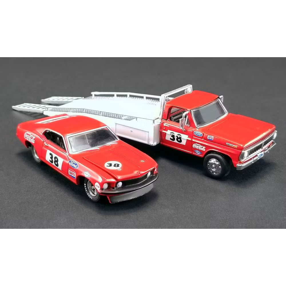 Ford F-350 Ramp Truck #38 &amp; 1969 Ford Mustang T/A #38 Coca-Cola Allan Moffat - Acme Diecast - 1/64 Scale