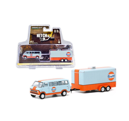 Greenlight Collectibles - 1972 Ford Club Wagon &amp; Enclosed Car Trailer: Gulf Oil - 1/64 Scale