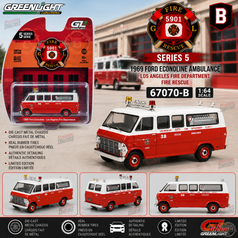Greenlight - 1969 Ford Econoline Ambulance - Los Angeles Fire Department - Fire Rescue Series - Scala 1/64