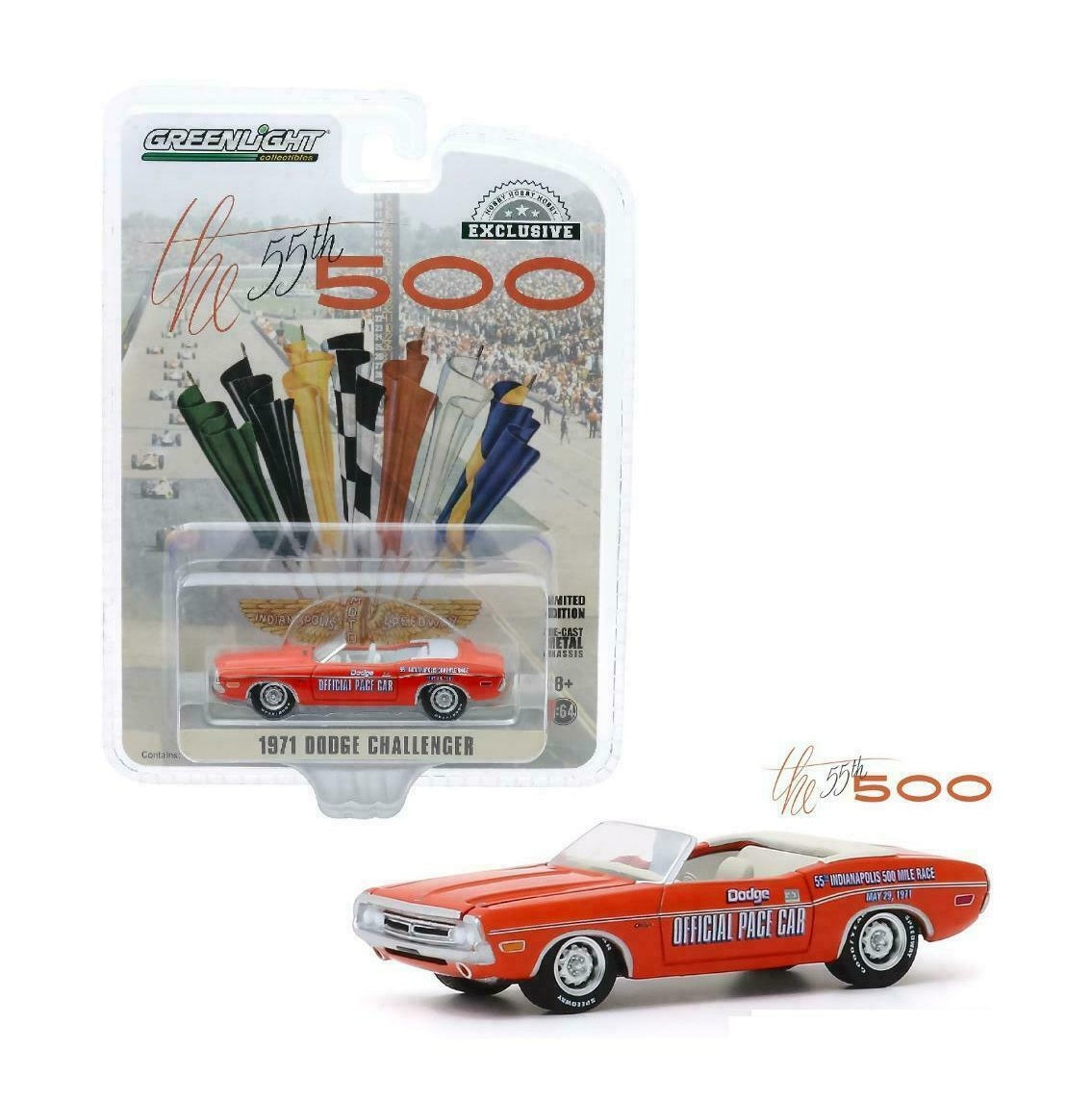 Greenlight Collectibles - 1971 Dodge Challenger Official Pace Car 55th Indianapolis 500 Mile - Hobby Exclusive- 1/64 Scale